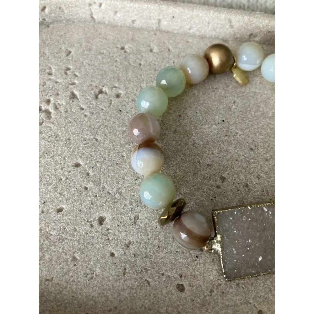 BPD Pastel Agate Beaded Stretch Bracelet Druzy Quartz Connector Gold Tone